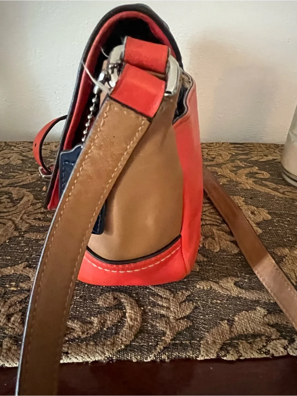Vintage Coach Colorblock Navy and Coral Crossbody with Tan Sides